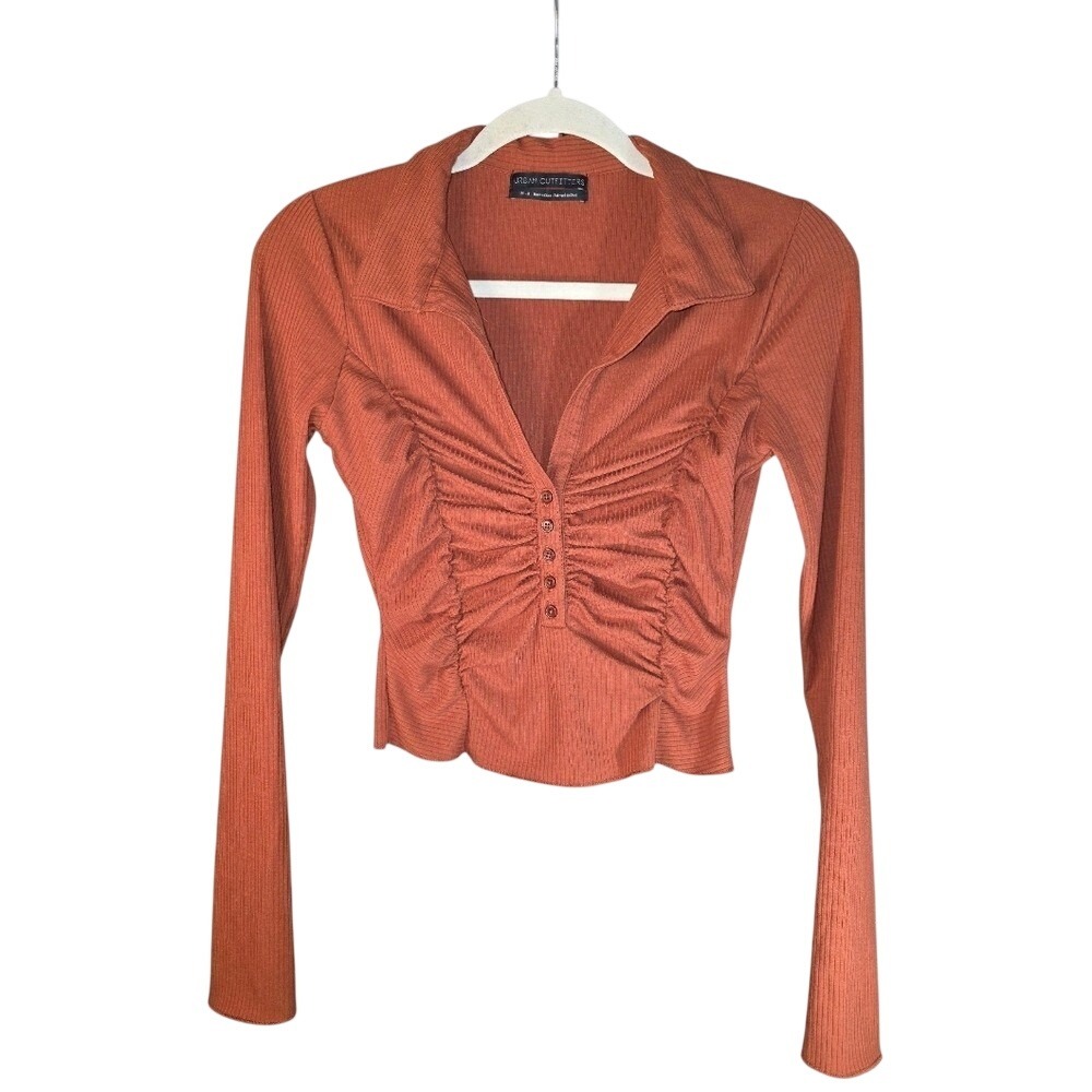 Urban Outfitters Rust Ruched Button Front Ribbed Crop Top Collared V-Neck Medium